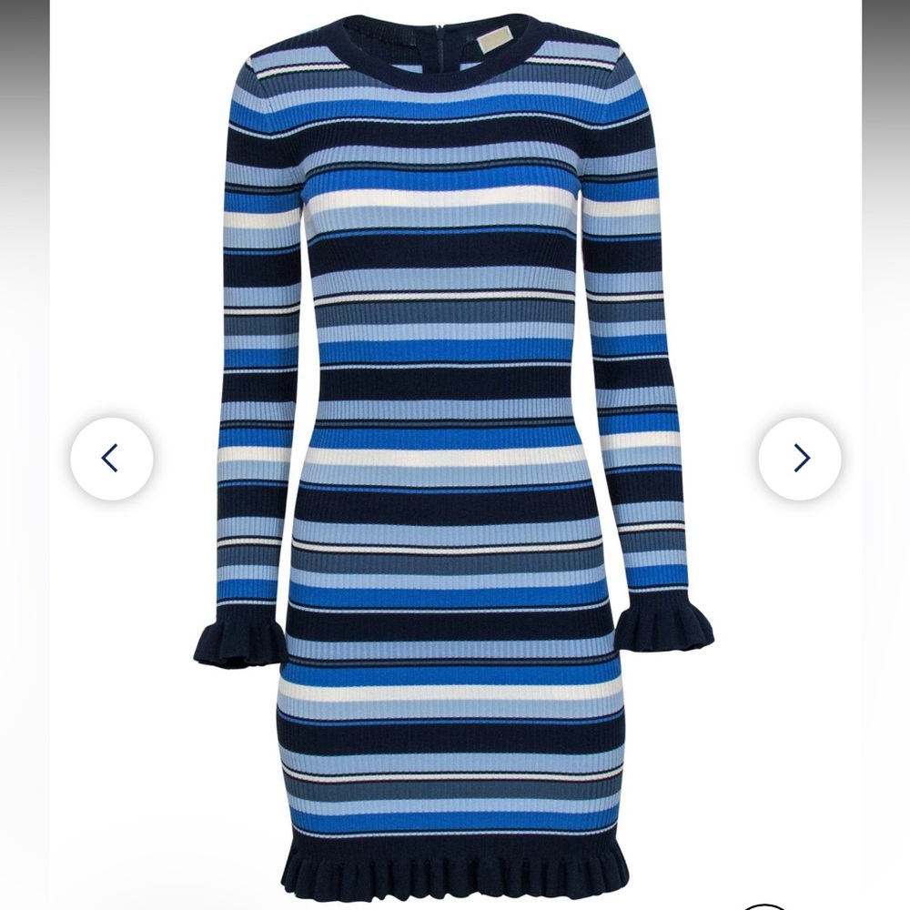 Michael Michael Kors - Blue Striped Ribbed Knit Bodycon Dress w/ Ruffle Trim - S